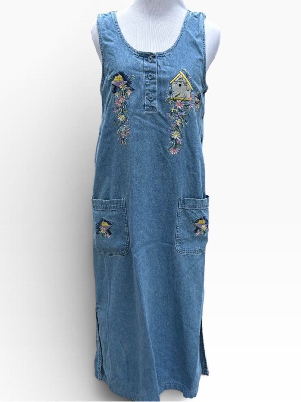 Vintage Denim Maxi Dress with Floral Birdhouse Embroidery and Side Slits